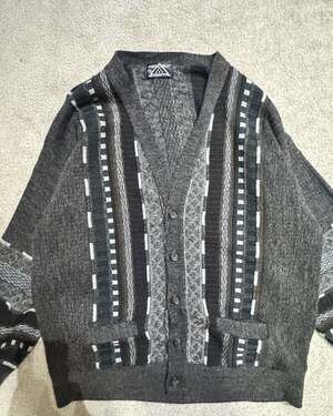 Vintage Porto Cruz Striped Knit Cardigan, Grey Geometric Retro Sweater, Size L